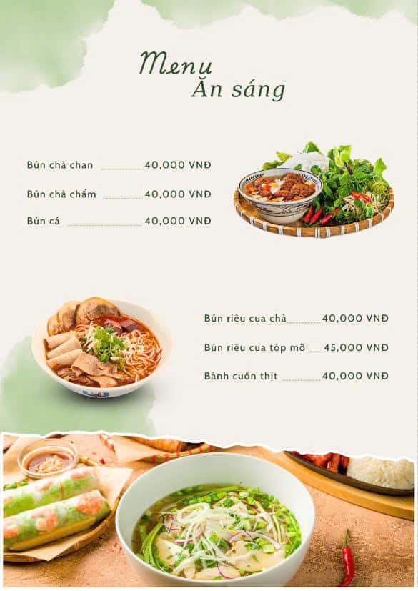 Menu ăn sáng + đồ uống