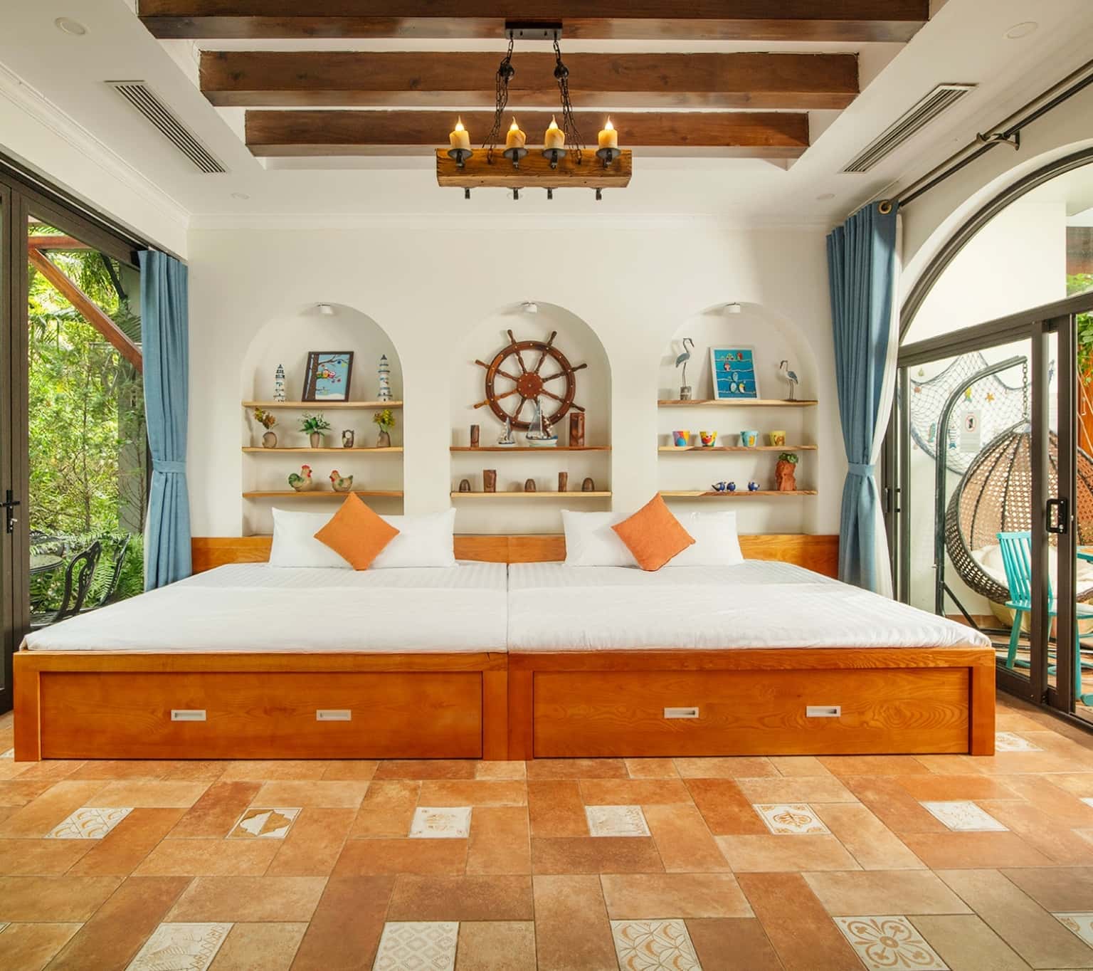 Bedroom 1 with pool and garden views