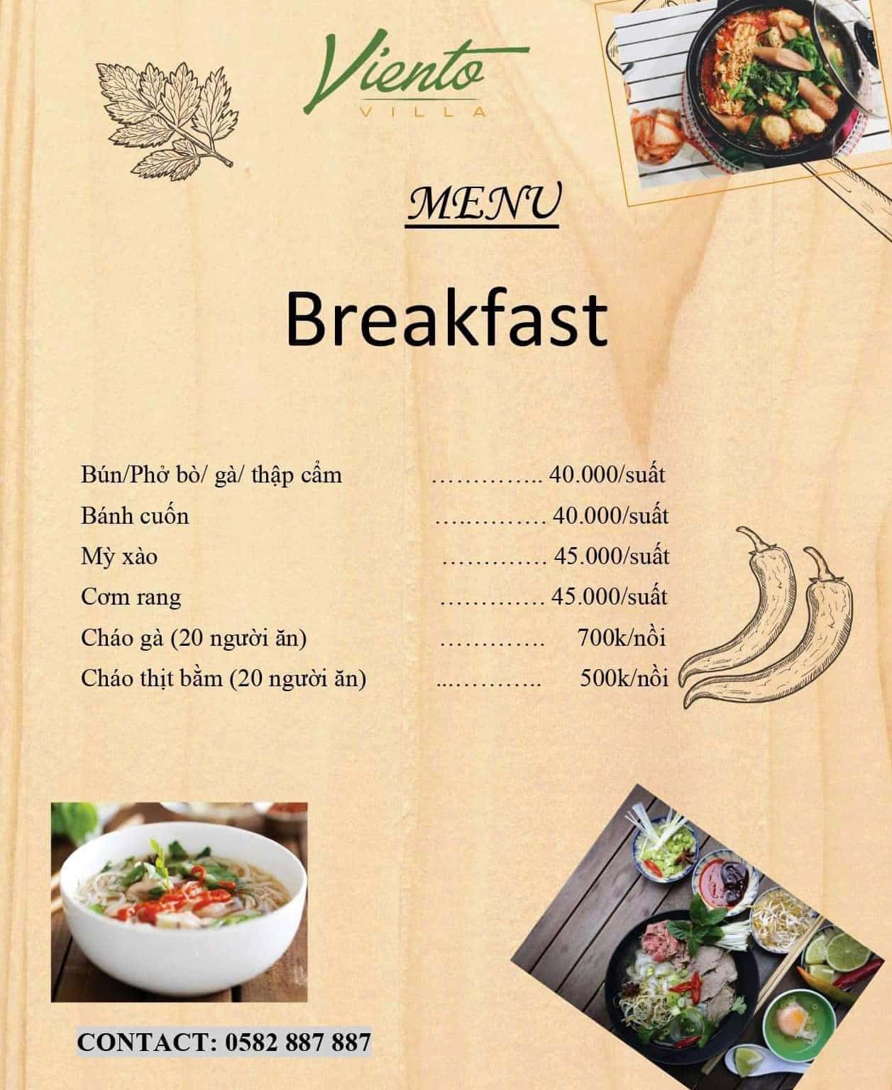 Menu ăn sáng + đồ uống