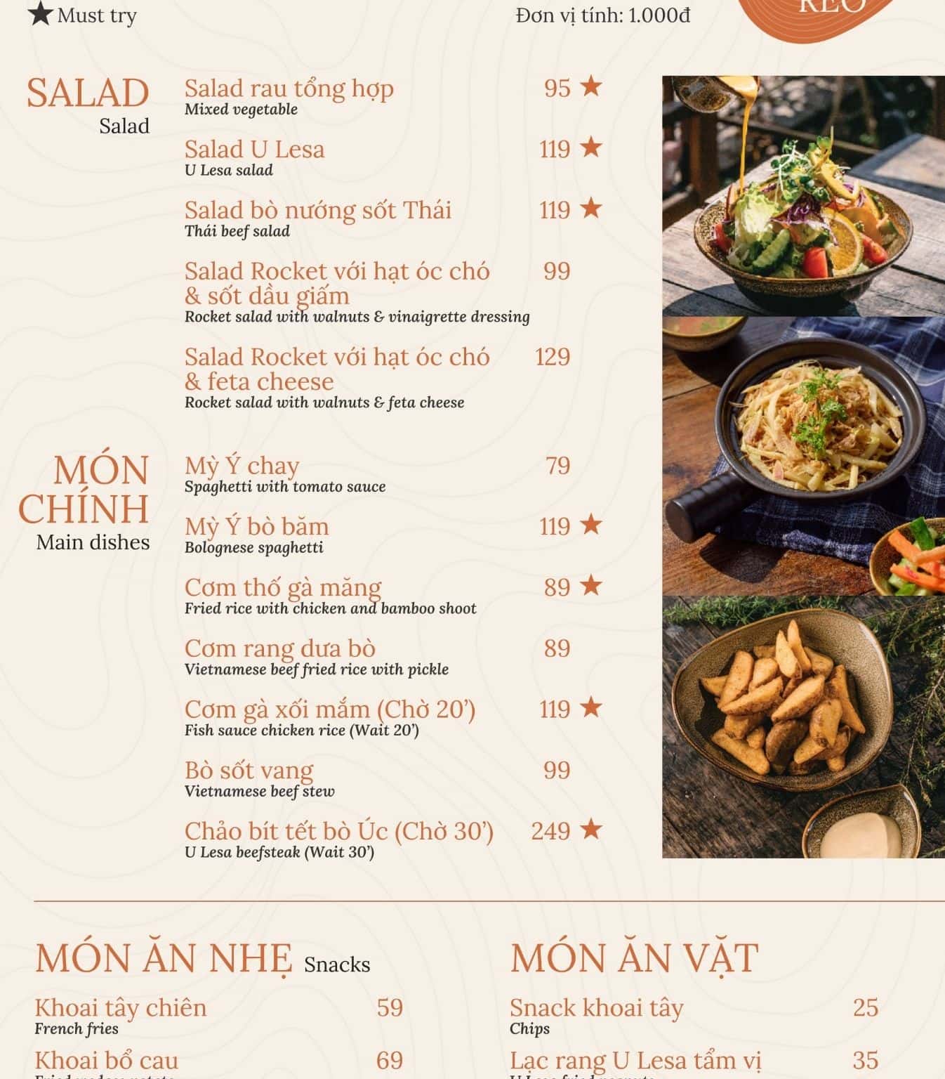 Quán Thông Reo - menu đồ ăn