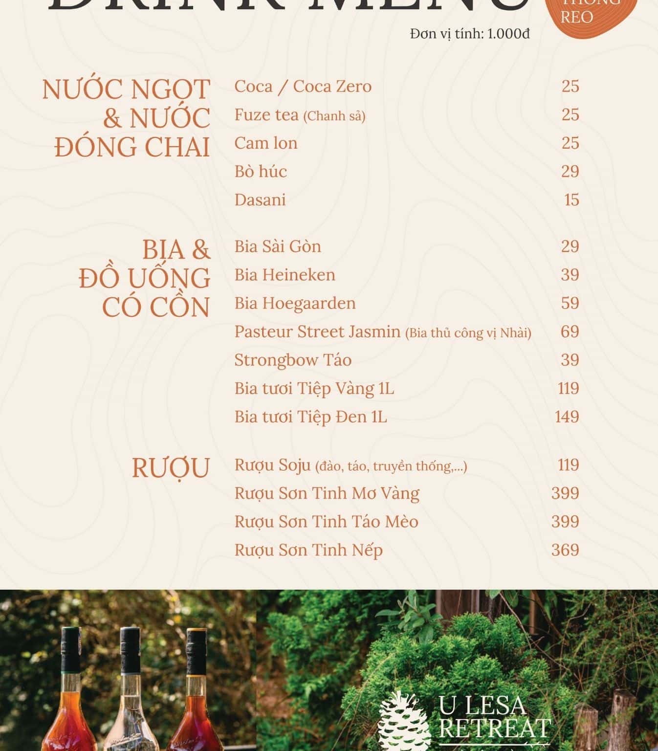 Quán Thông Reo - menu đồ uống
