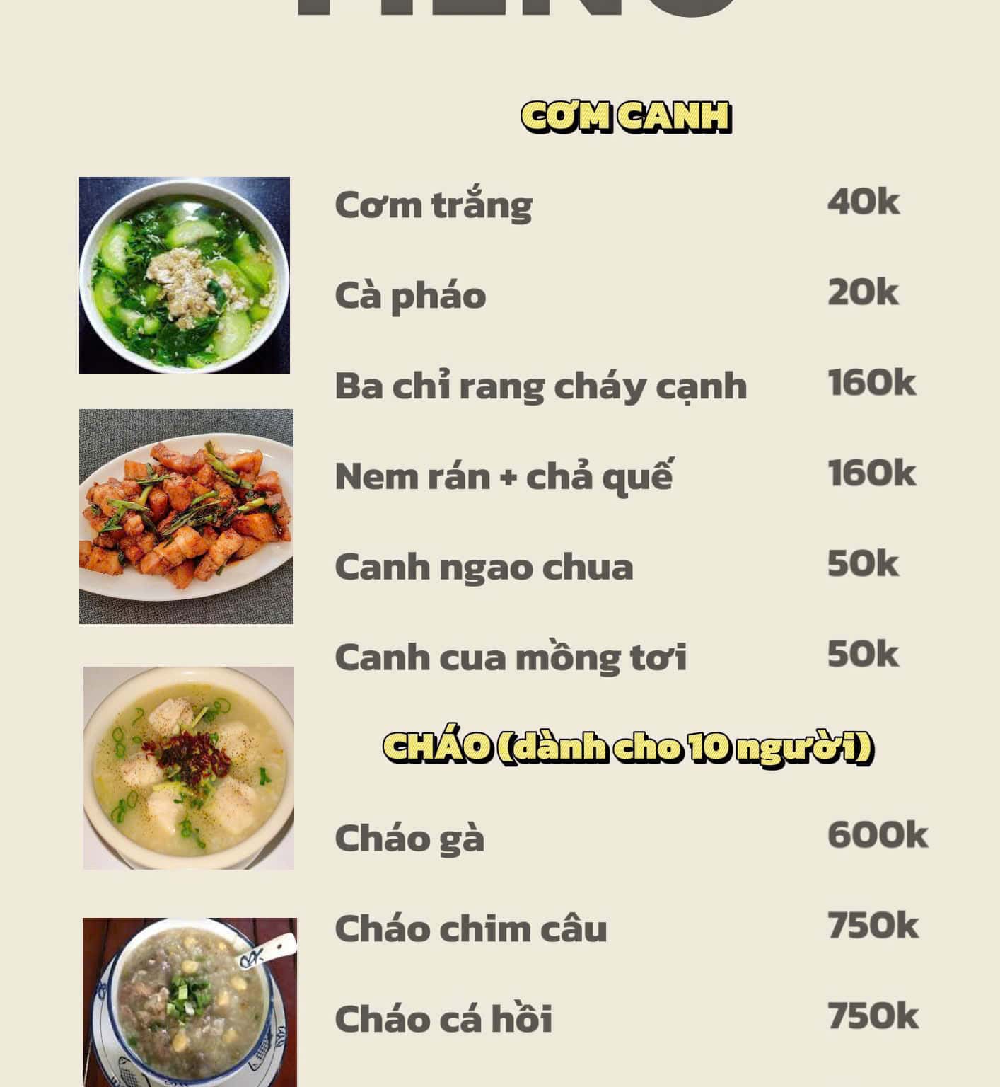Menu cơm canh + ăn sáng